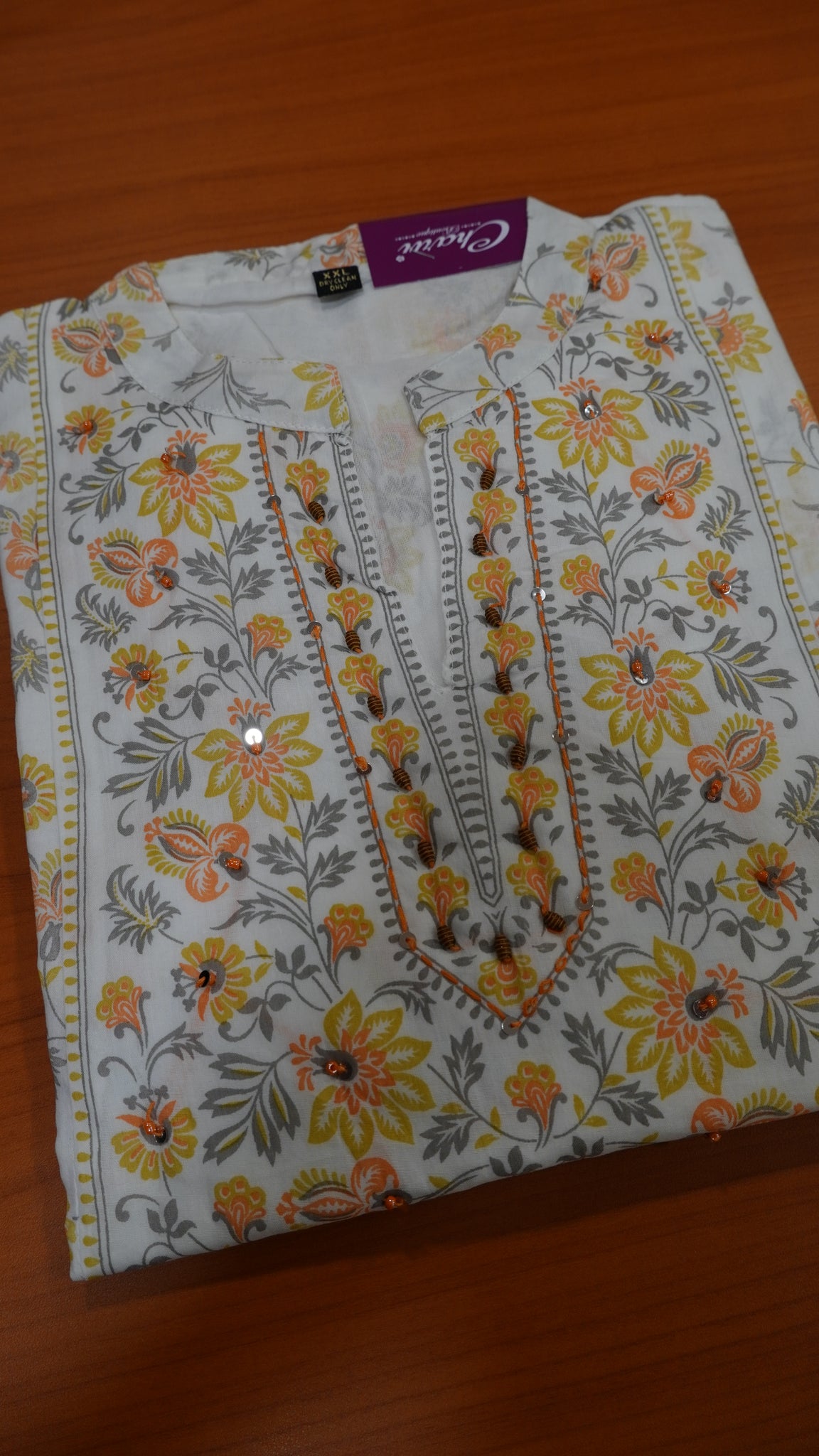 Kurti - Collared White - Mustard Floral