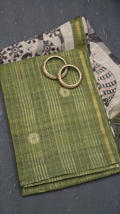 Semi Chanderi Saree - Body Checks Sage Green