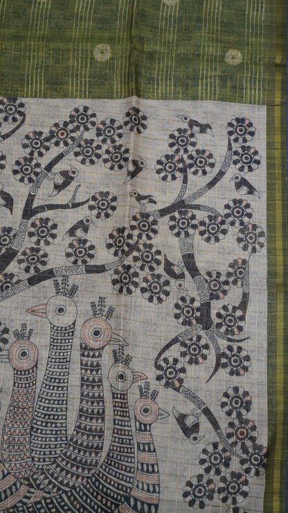 Semi Chanderi Saree - Body Checks Sage Green