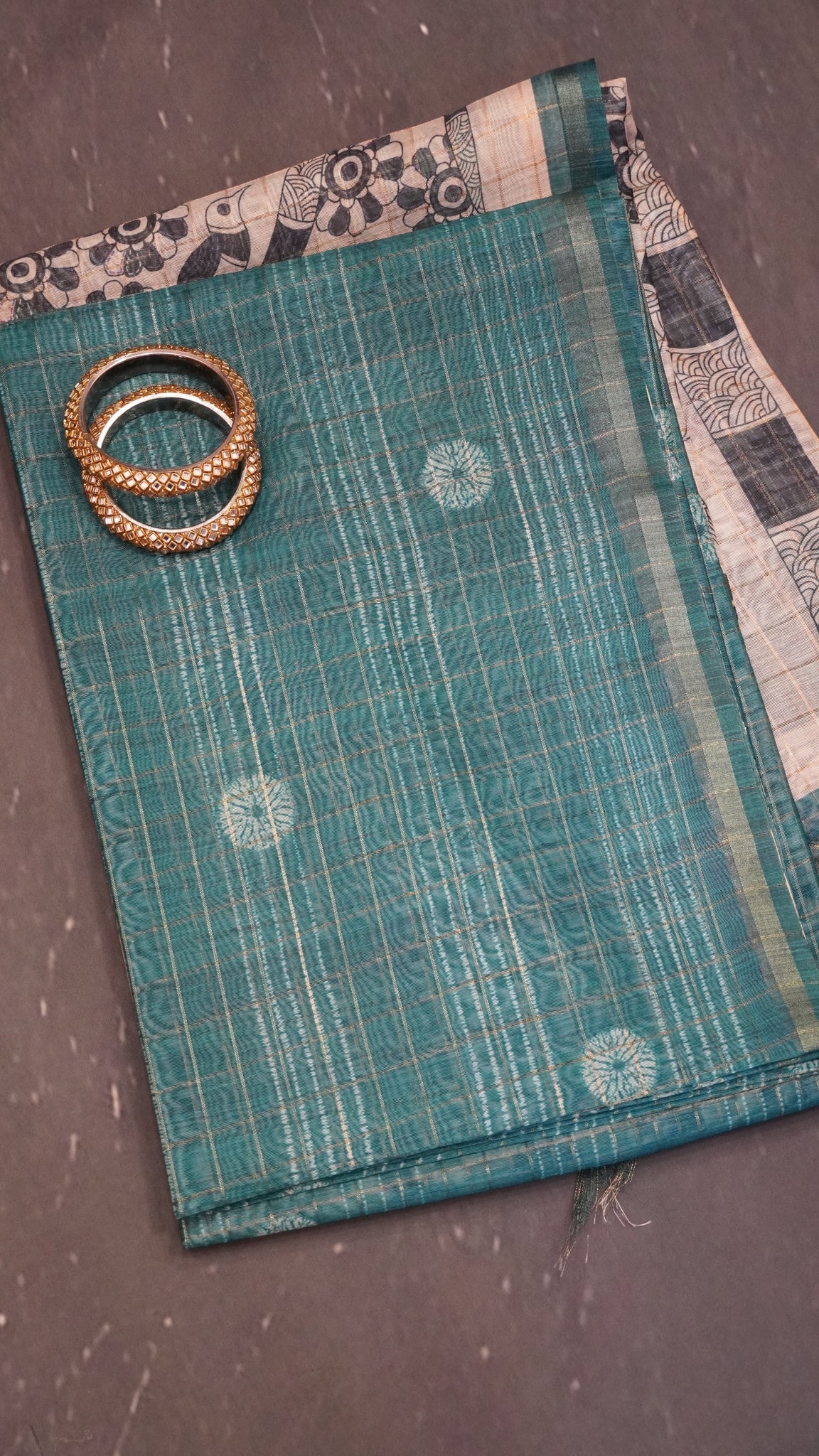 Semi Chanderi Saree - Body Checks Peacock Green