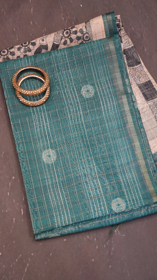 Semi Chanderi Saree - Body Checks Peacock Green