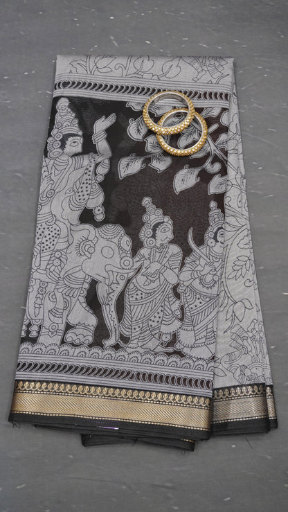 Mal Chanderi Saree - Kalamkari Grey-Black