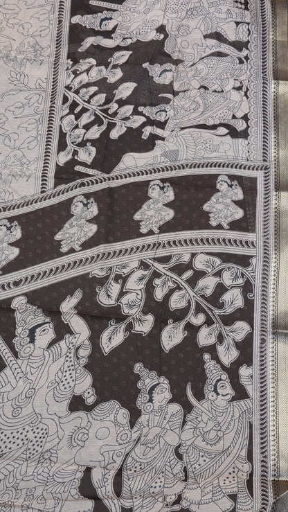 Mal Chanderi Saree - Kalamkari Grey-Black