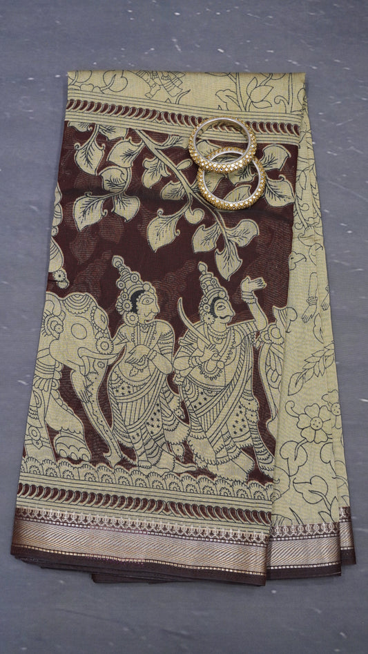 Mal Chanderi Saree - Beige-Maroon