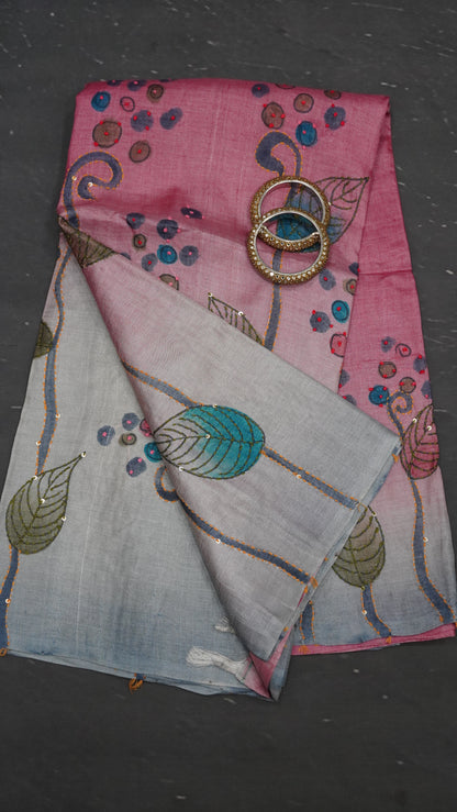 Pure Tussar Saree - French Knot Pink