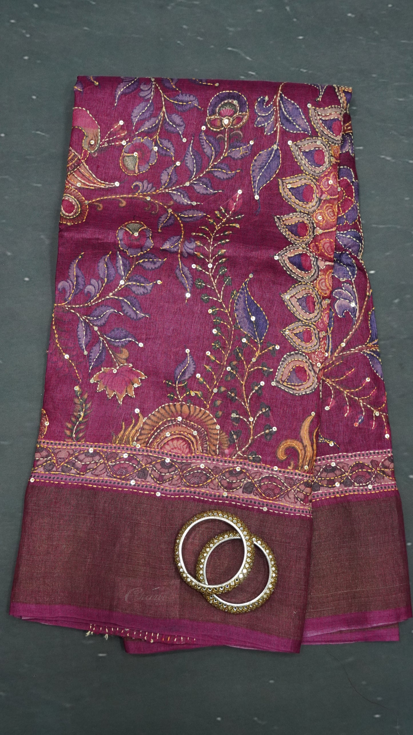 Pure Tussar Saree - Lotus Kantha Work Purple