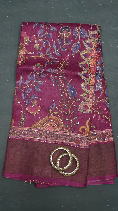Pure Tussar Saree - Lotus Kantha Work Purple