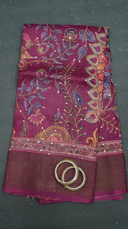 Pure Tussar Saree - Lotus Kantha Work Purple