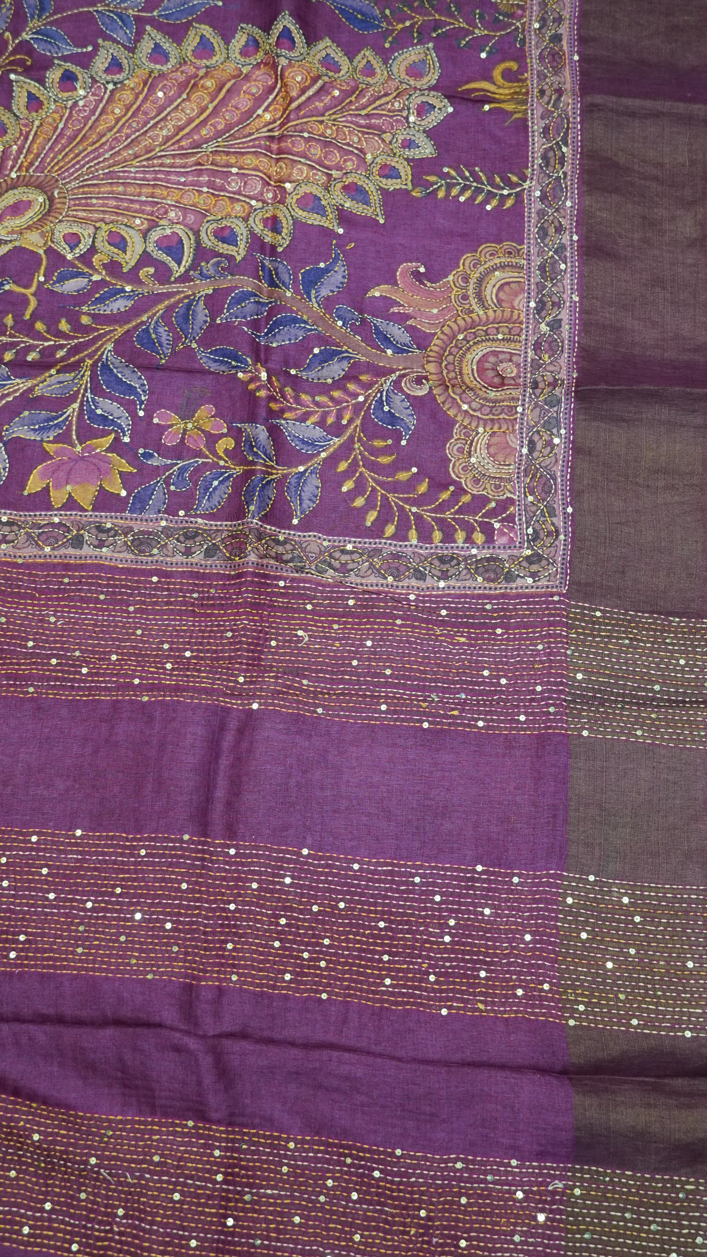 Pure Tussar Saree - Lotus Kantha Work Purple