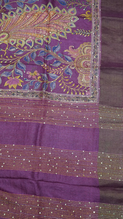 Pure Tussar Saree - Lotus Kantha Work Purple
