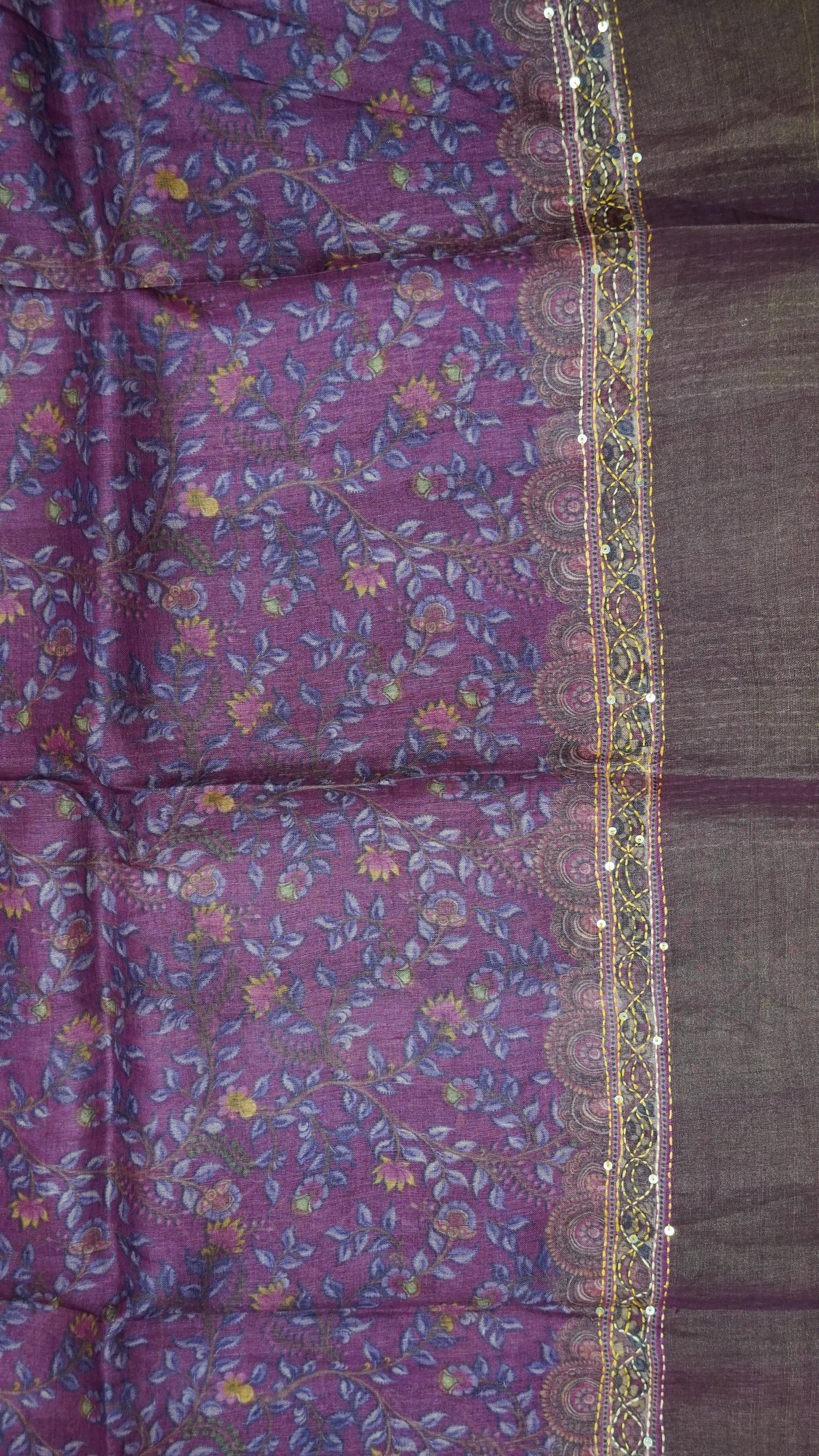 Pure Tussar Saree - Lotus Kantha Work Purple