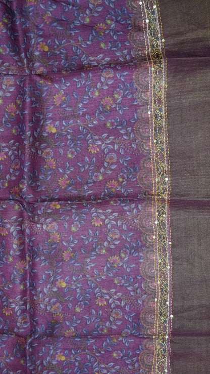 Pure Tussar Saree - Lotus Kantha Work Purple