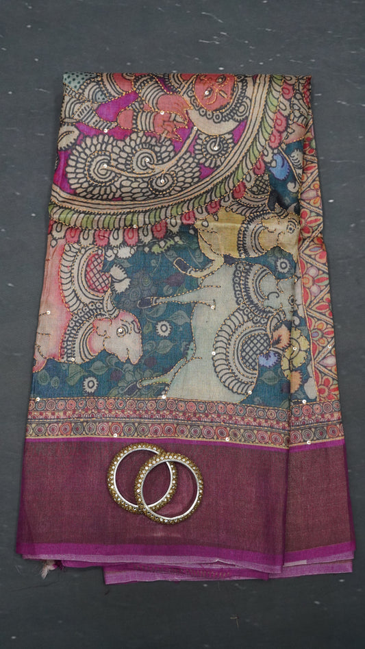 Pure Tussar Saree - Pichwai Sequence Purple