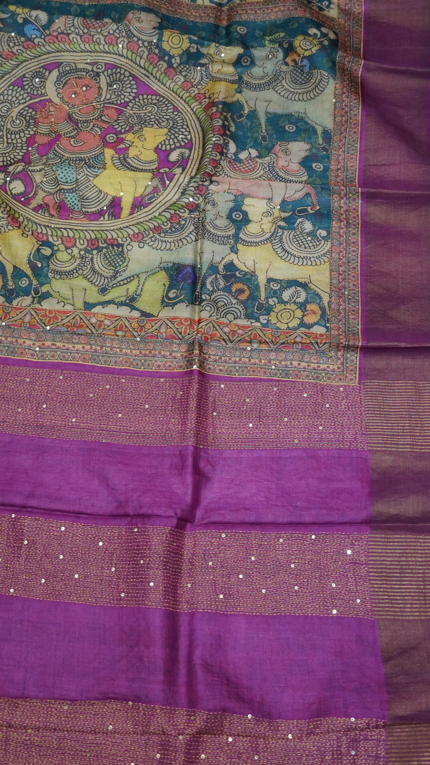 Pure Tussar Saree - Pichwai Sequence Purple