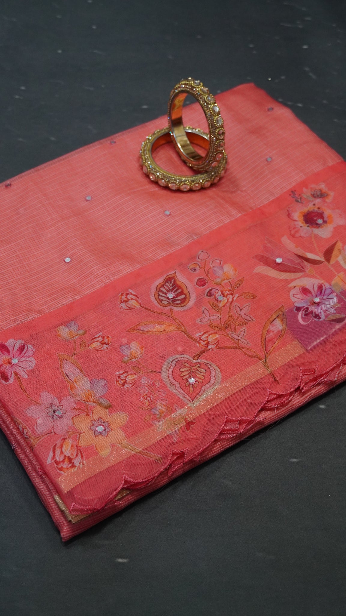Kota Saree - Mirror Work Peach Pink