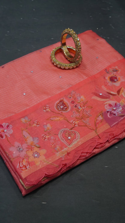 Kota Saree - Mirror Work Peach Pink