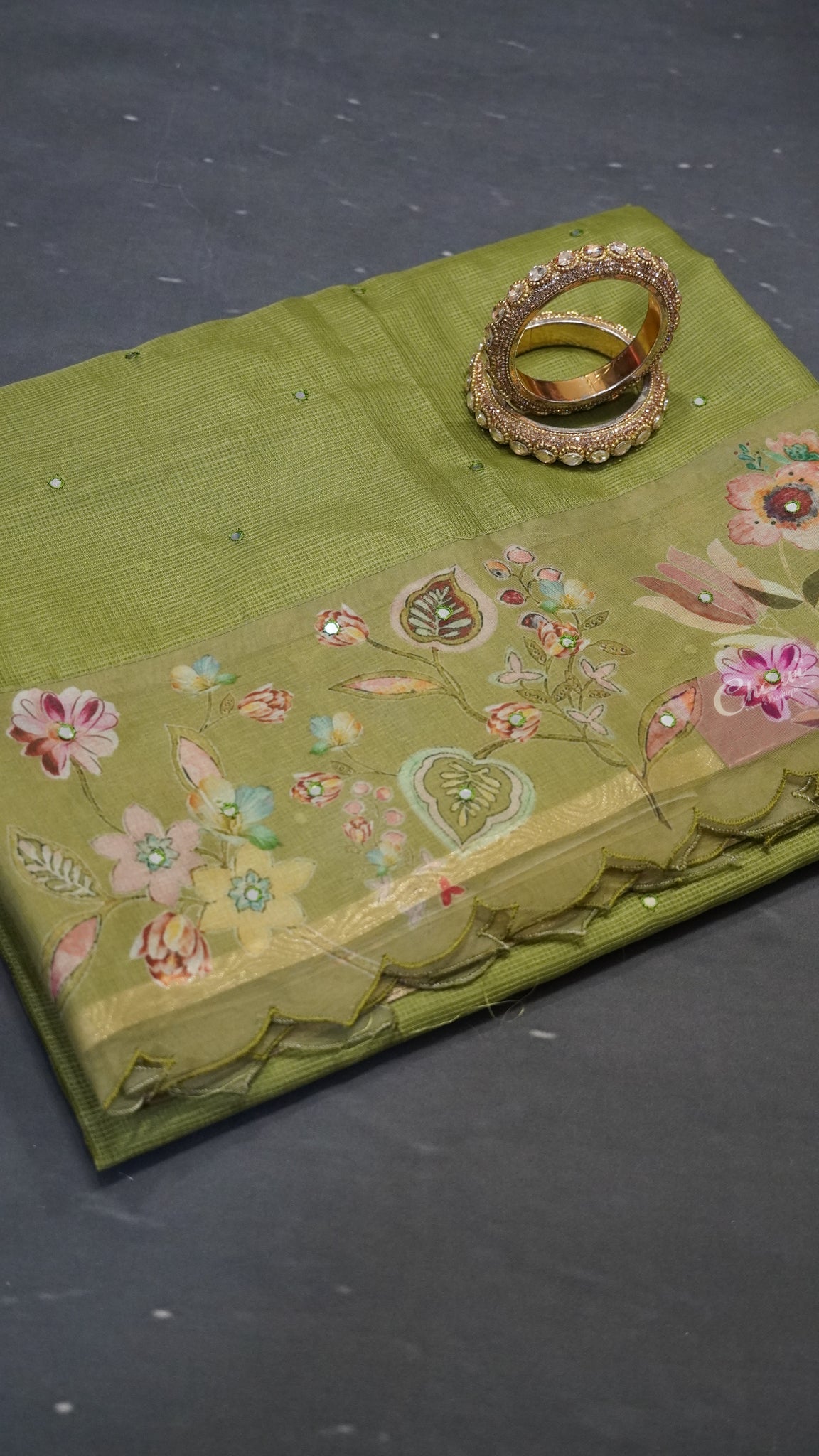 Kota Saree - Mirror Work Green