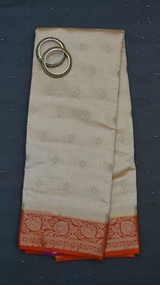 Viscose Saree- Cream-Orange Border