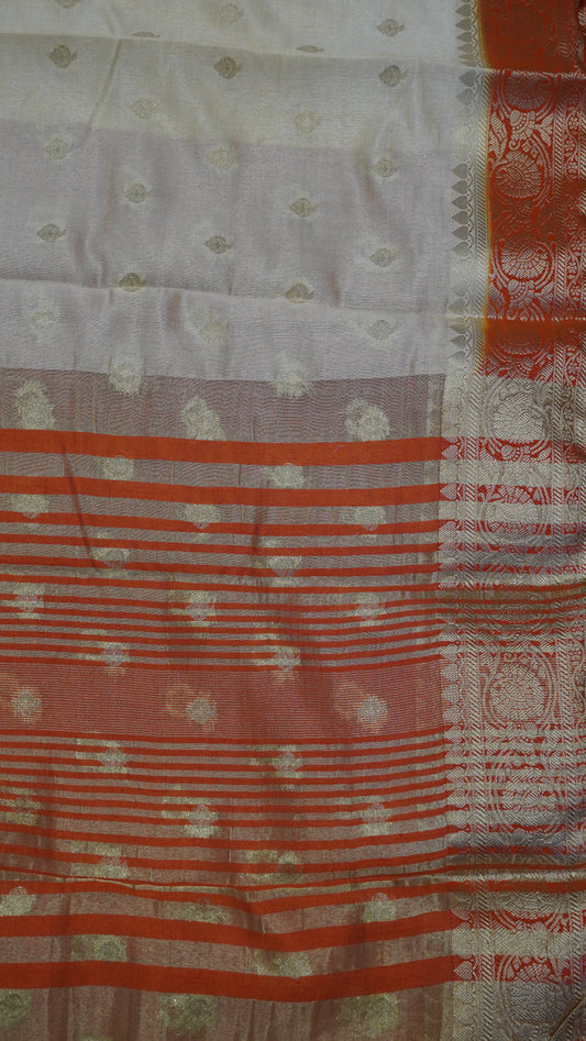 Viscose Saree- Cream-Orange Border