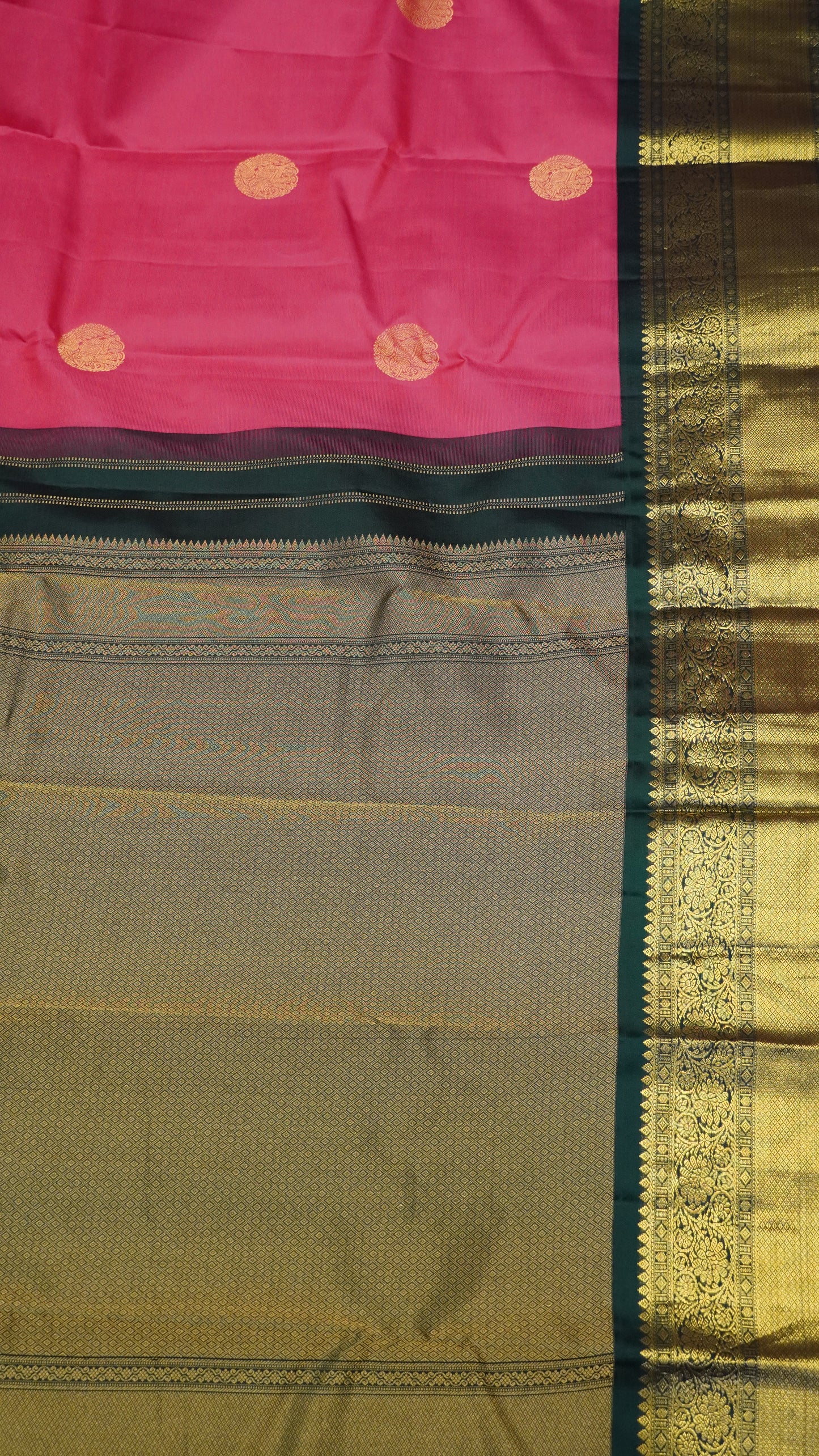 Pure Kanjivaram Korvai Silk Saree-Pink-Dark Green