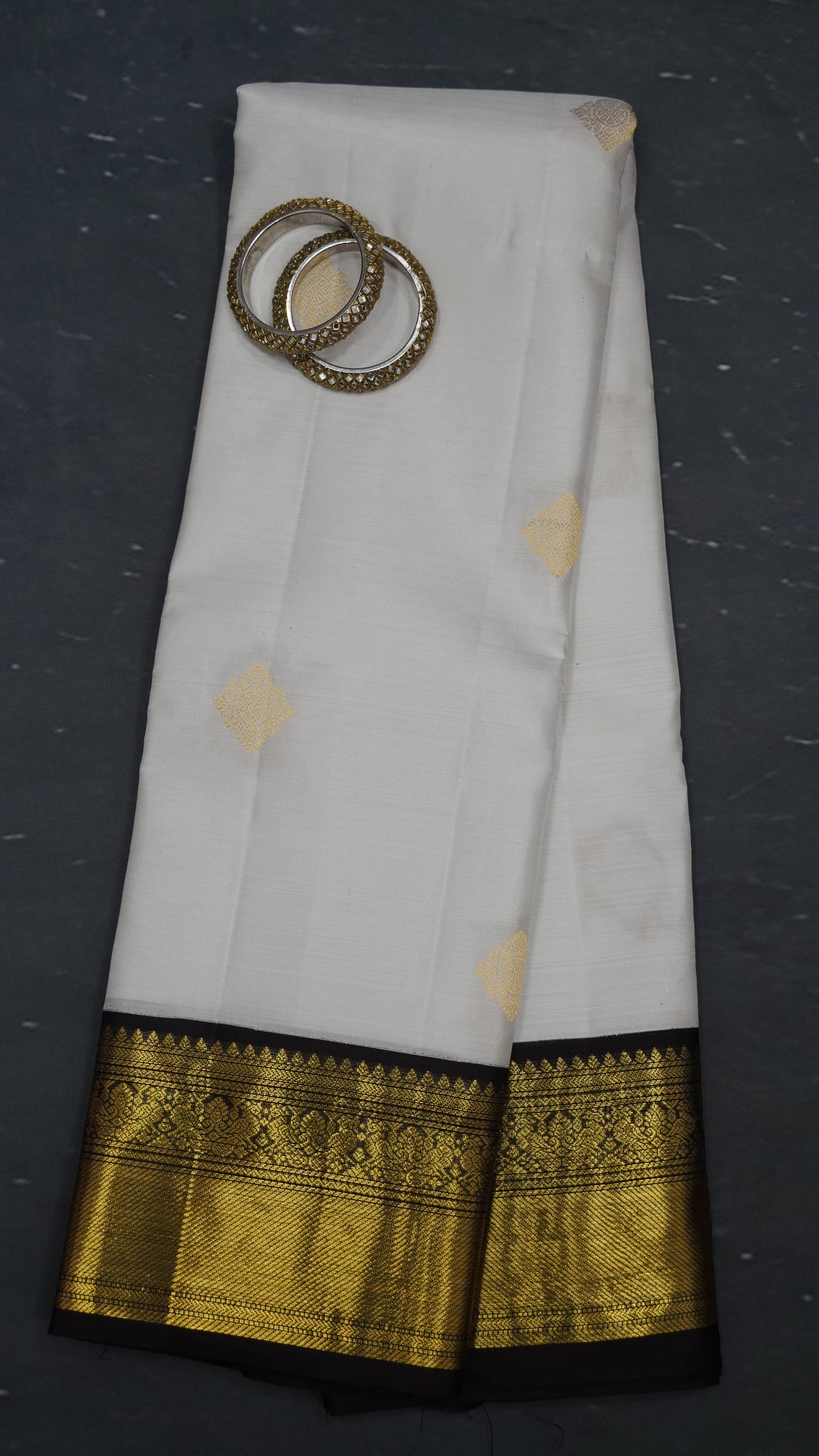 Pure Kanchipuram Korvai Silk Saree-Off White-Brown