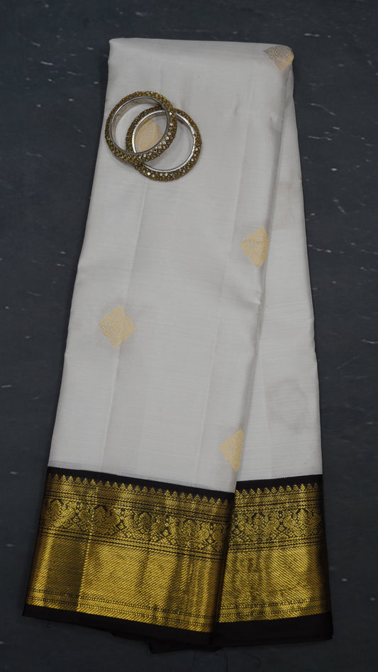 Pure Kanjivaram Korvai Silk Saree-Off White-Brown