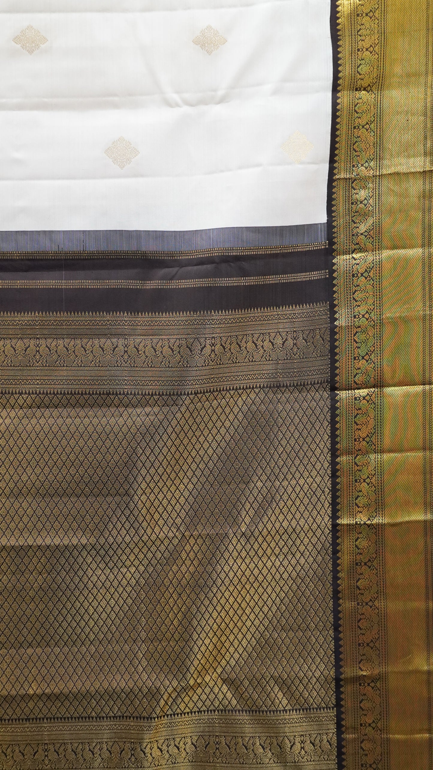 Pure Kanjivaram Korvai Silk Saree-Off White-Brown