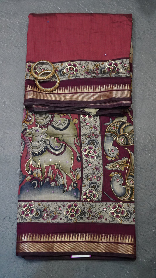 Malai Cotton Saree - Pichwai Muted Maroon