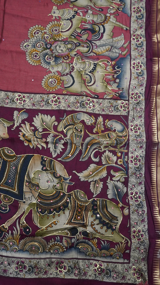 Malai Cotton Saree - Pichwai Muted Maroon