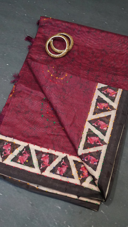 Bhagalpur Tussar - French Knot- Dark Pink