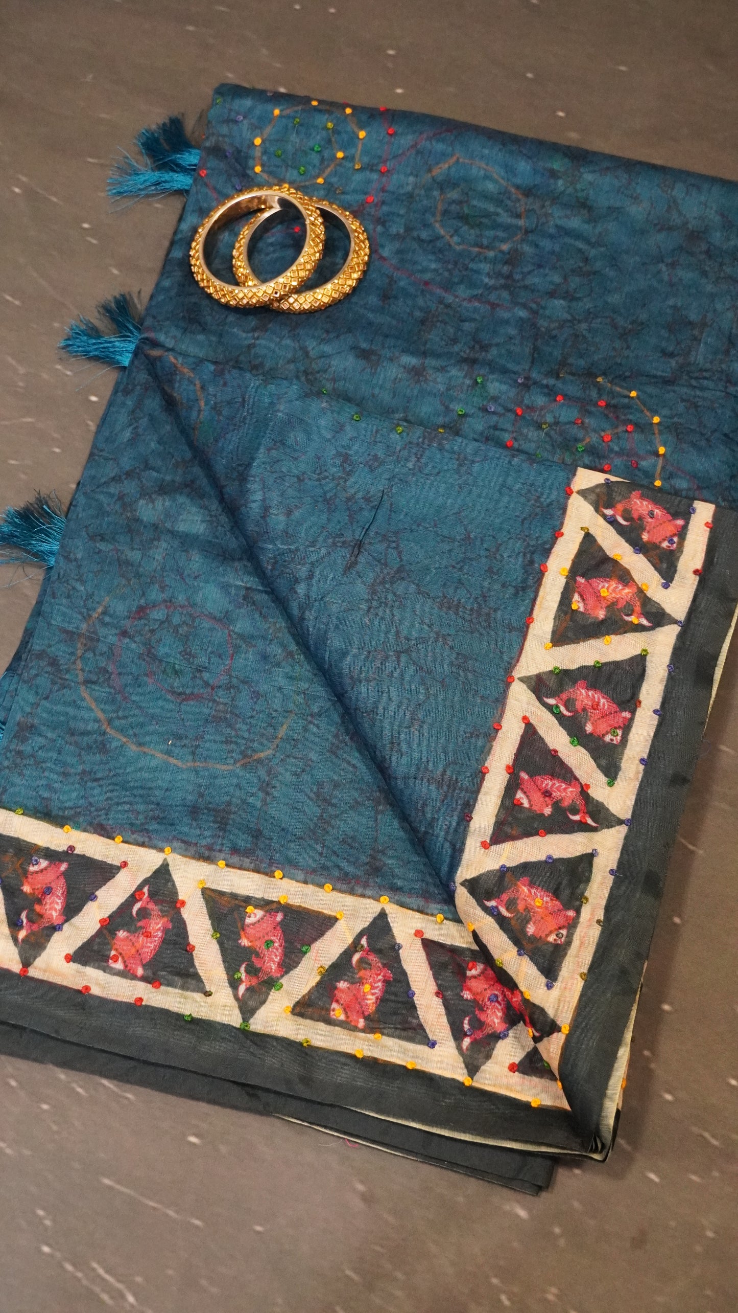 Bhagalpur Tussar- French Knot- Peacock Blue