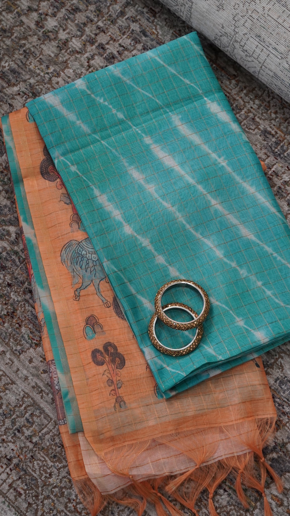 Semi Chanderi - Lehariya Pattern-Sea Green