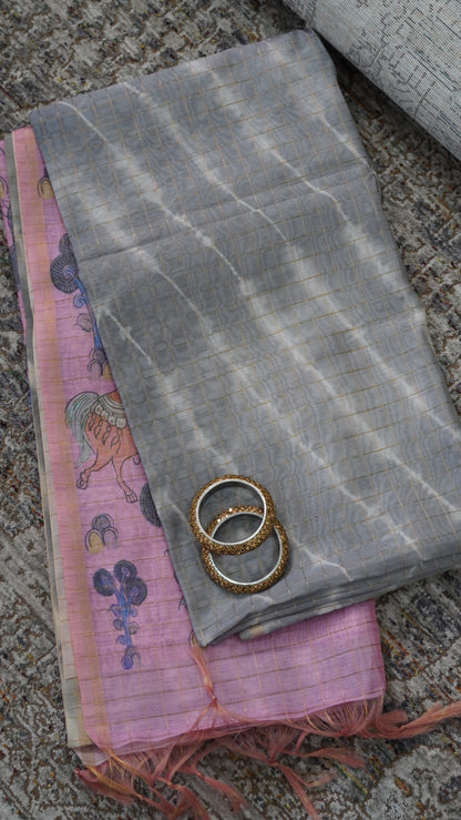 Semi Chanderi - Lehariya Pattern-Grey