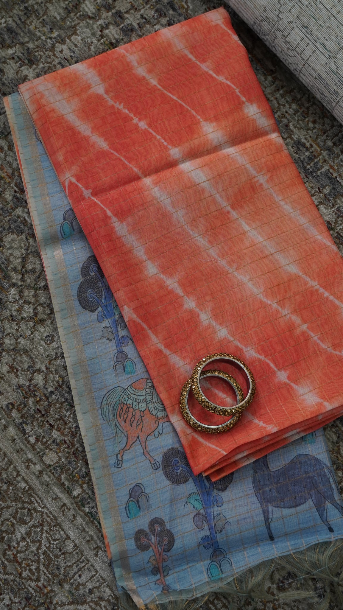Semi Chanderi - Lehariya Pattern-Orange