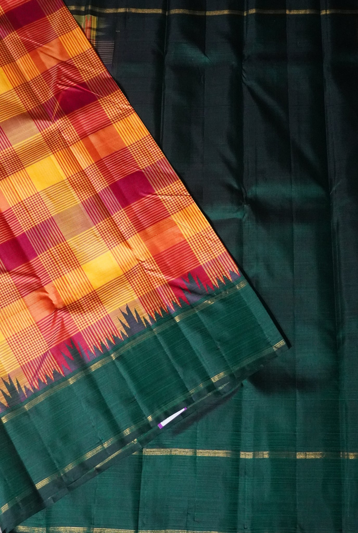 Pure Kanchipuram Silk Saree-Yellow checks with Thazampoo Border