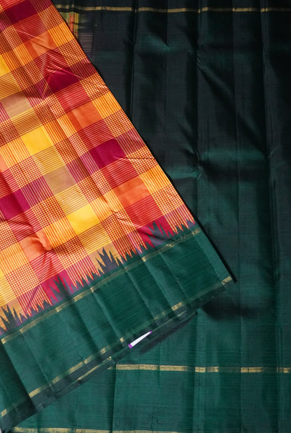 Pure Kanchipuram Silk Saree-Yellow checks with Thazampoo Border