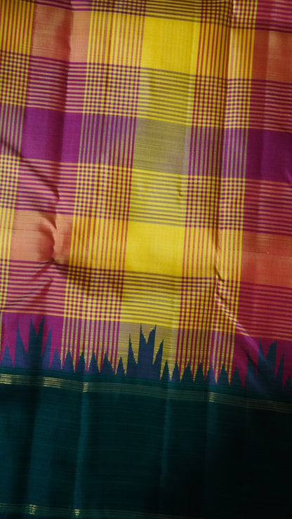 Pure Kanchipuram Silk Saree-Yellow checks with Thazampoo Border