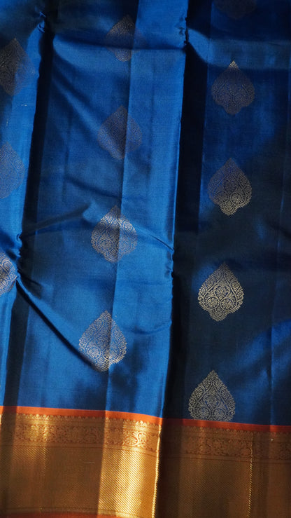 Pure Kanchipuram Silk Saree-Dark Peacock Blue with Zari Leaf Motif