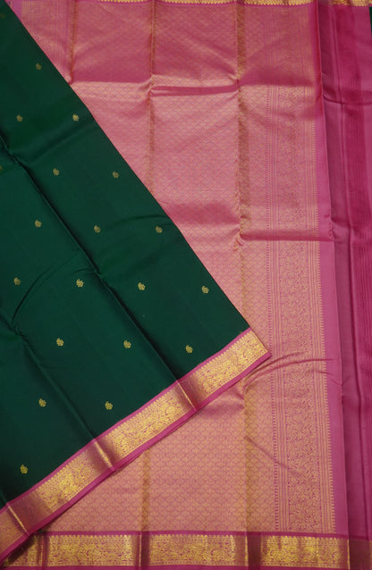 Pure Kanchipuram Silk Saree-Green with Small border