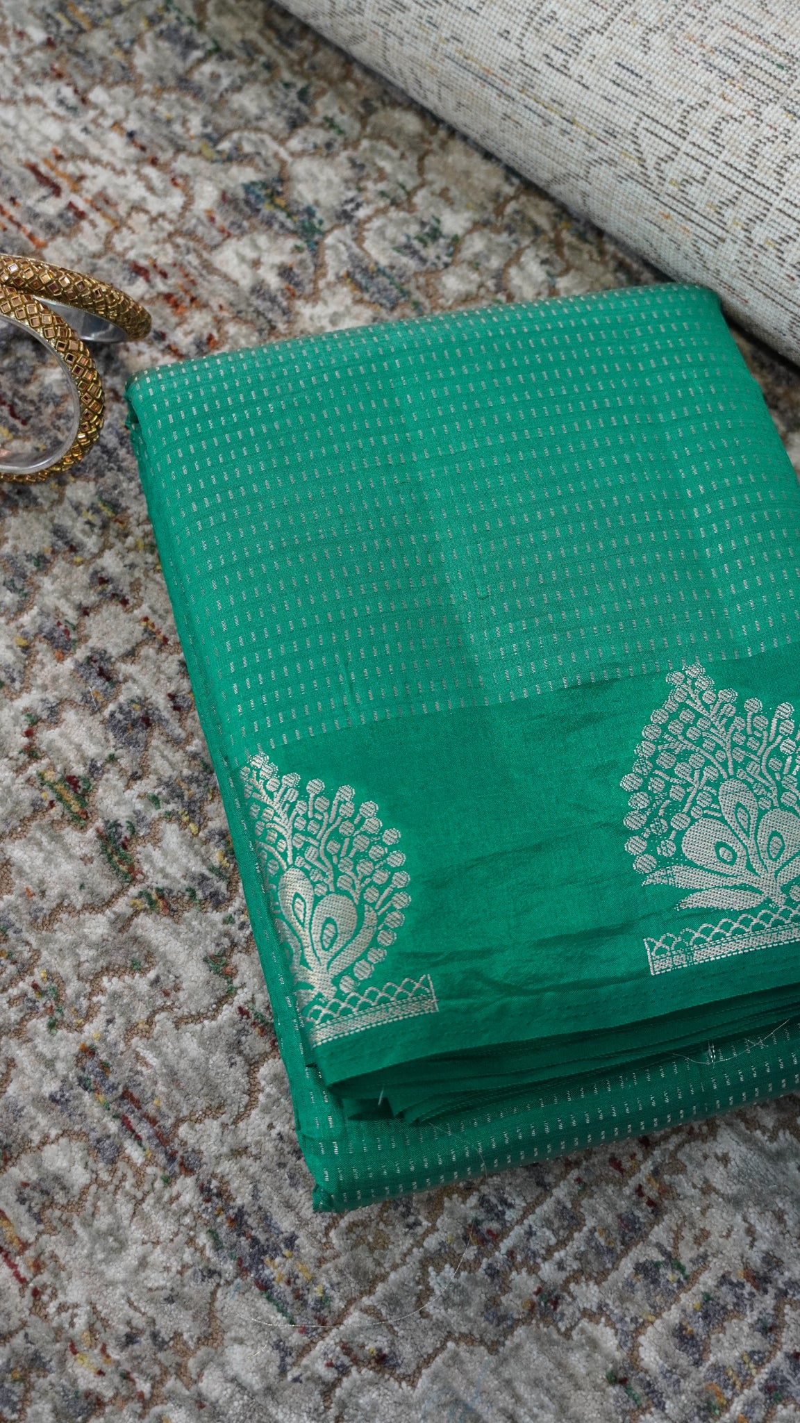 Semi Tussar- Mini Zari Lines Green