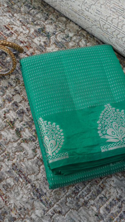 Semi Tussar- Mini Zari Lines Green