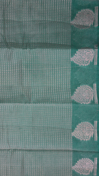 Semi Tussar- Mini Zari Lines Green