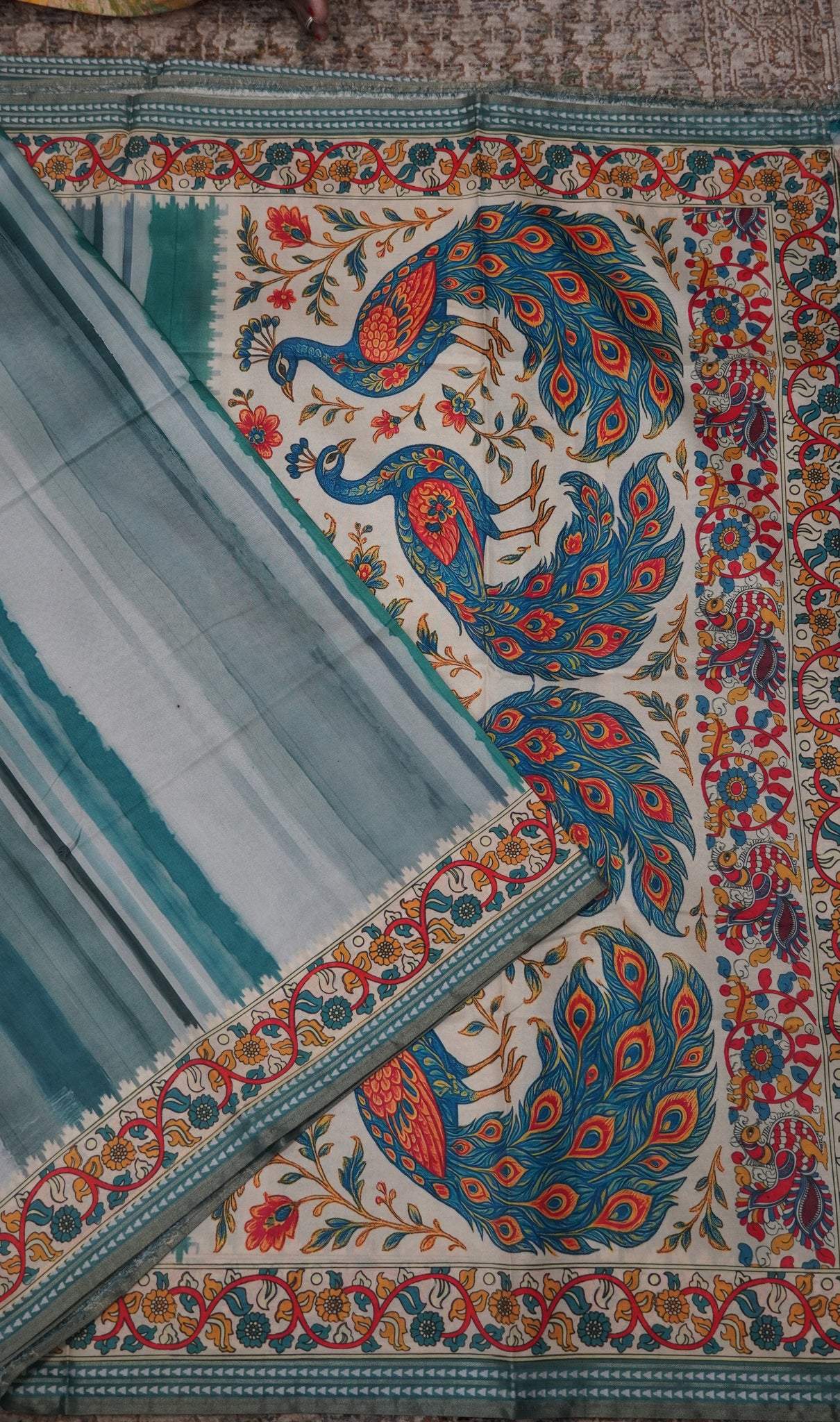 Crepe Silk Saree-Metallic Green with Kalamkari Border and Pallu
