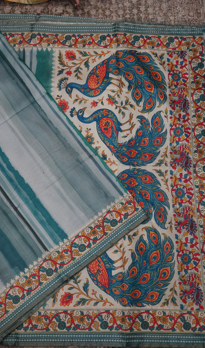 Crepe Silk Saree-Metallic Green with Kalamkari Border and Pallu
