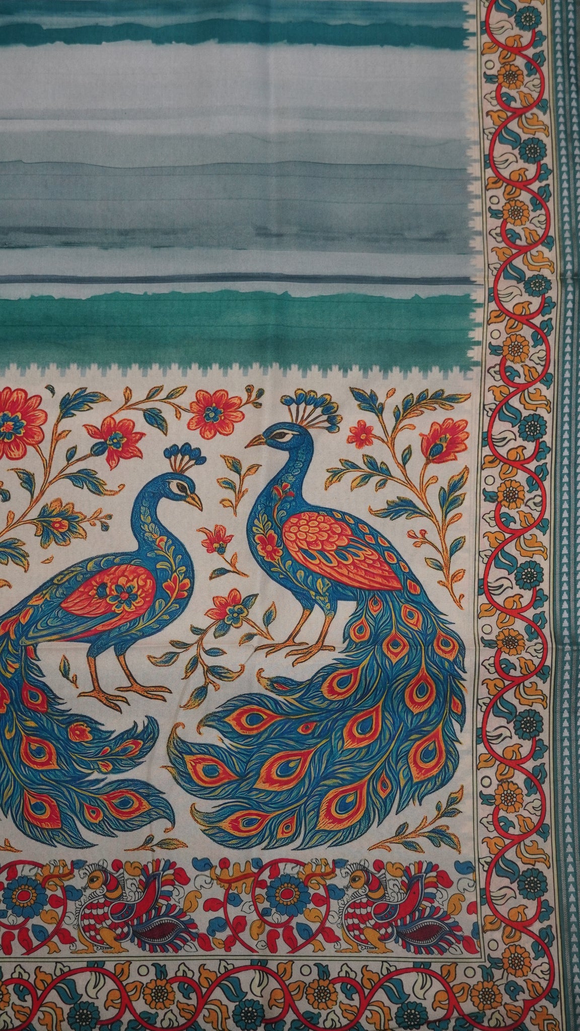 Crepe Silk Saree-Metallic Green with Kalamkari Border and Pallu