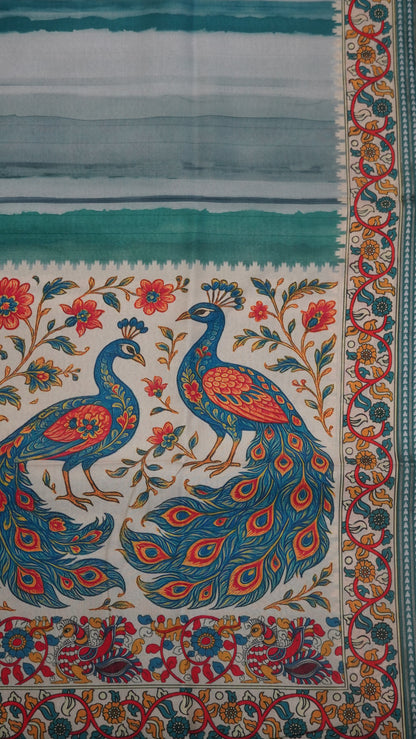 Crepe Silk Saree-Metallic Green with Kalamkari Border and Pallu