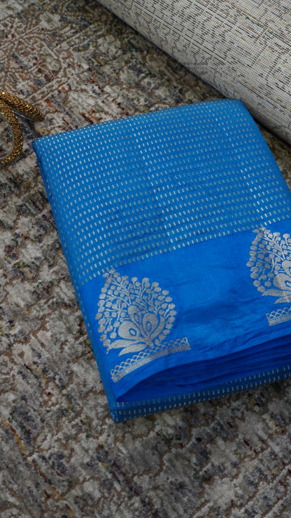 Semi Tussar- Mini Zari Lines Blue