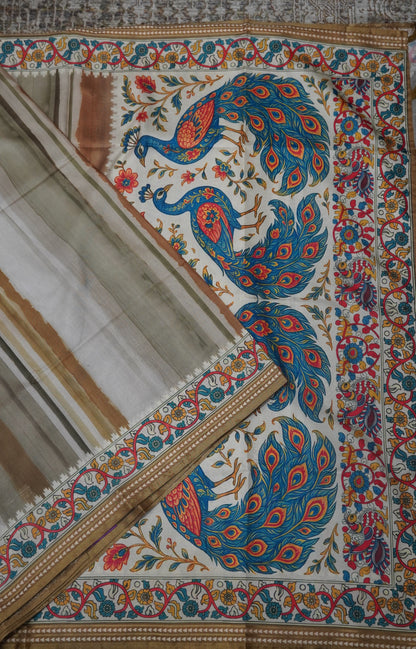 Crepe Silk Saree-Khaki with Kalamkari Border and Pallu