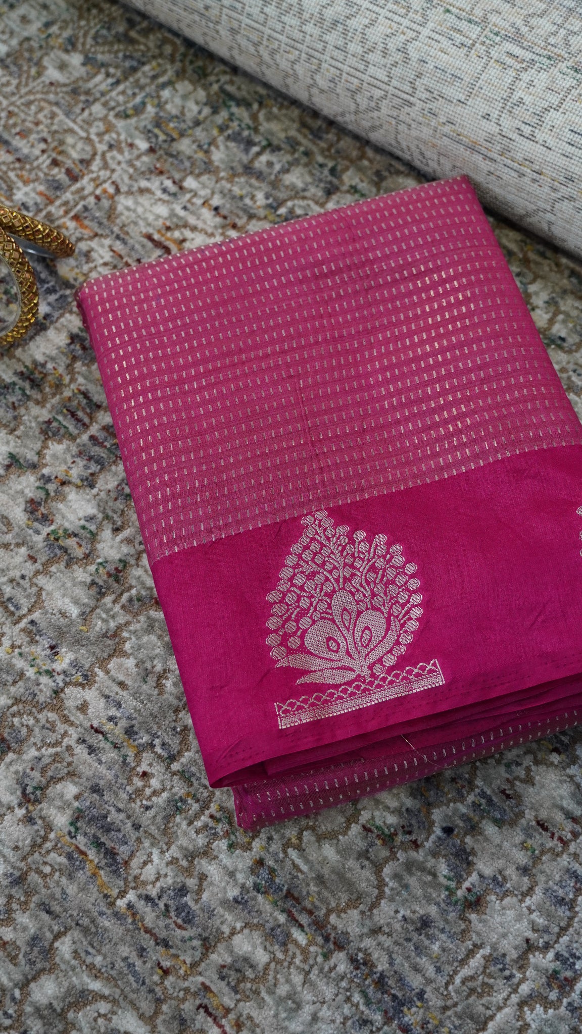 Semi Tussar- Mini Zari Lines Dark Pink