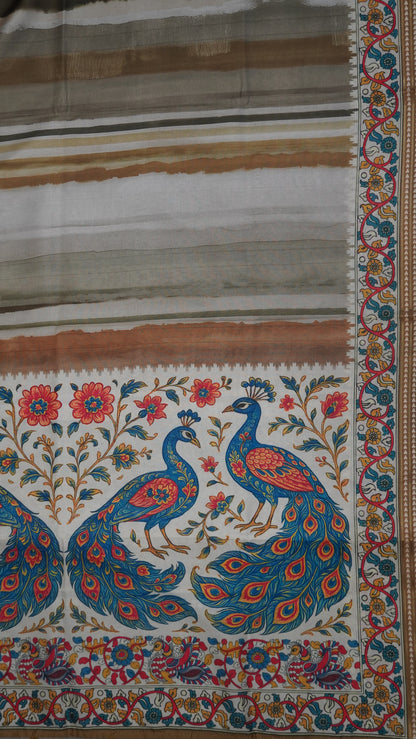 Crepe Silk Saree-Khaki with Kalamkari Border and Pallu